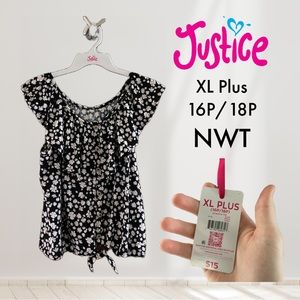 NWT Justice SS Ruffle Top XL Plus 16P/18P Black Top with White & Yellow Flowers